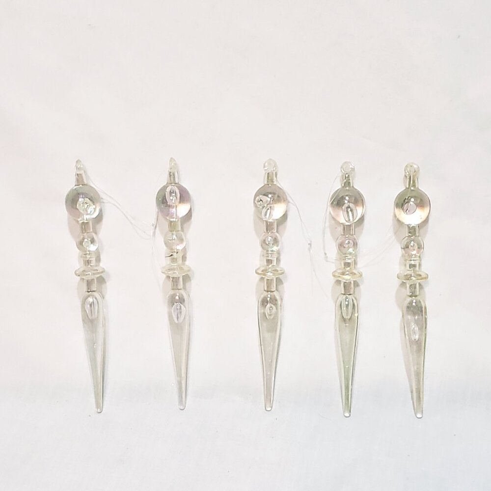 Lot 5 Icicle Ice Sickle Round Christmas Ornaments 4" Iridescent Clear Plastic